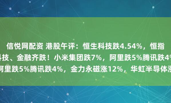 信悦网配资 港股午评：恒生科技跌4.54%，恒指下挫超900点六连跌，科技、金融齐跌！小米集团跌7%，阿里跌5%腾讯跌4%，金力永磁涨12%，华虹半导体涨3.6%